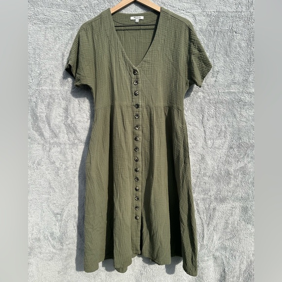 Madewell Dresses & Skirts - Madewell Olive Green Gauze Button Front Midi Dress XS Cotton Short Sleeve Pocket